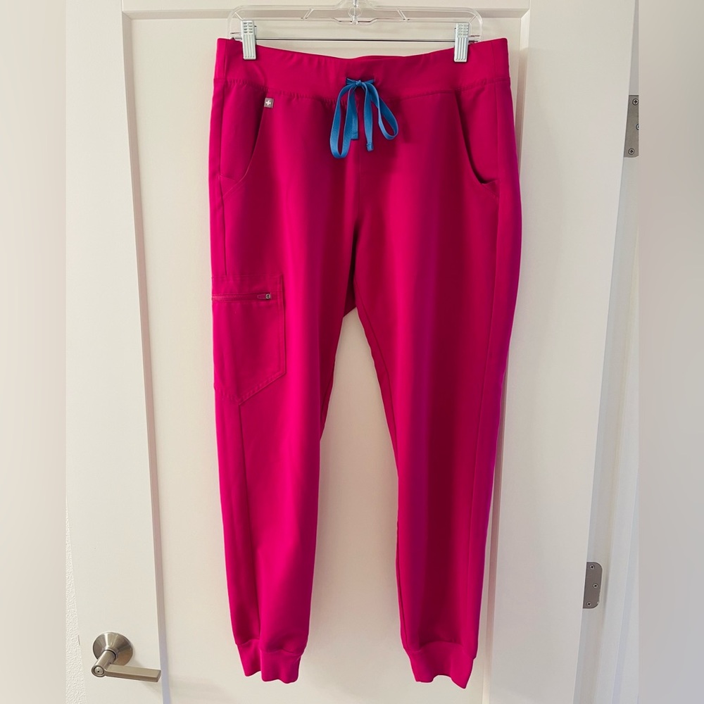 Figs Women's Hot Pink Jogger Scrub Pants with Blue Drawstring